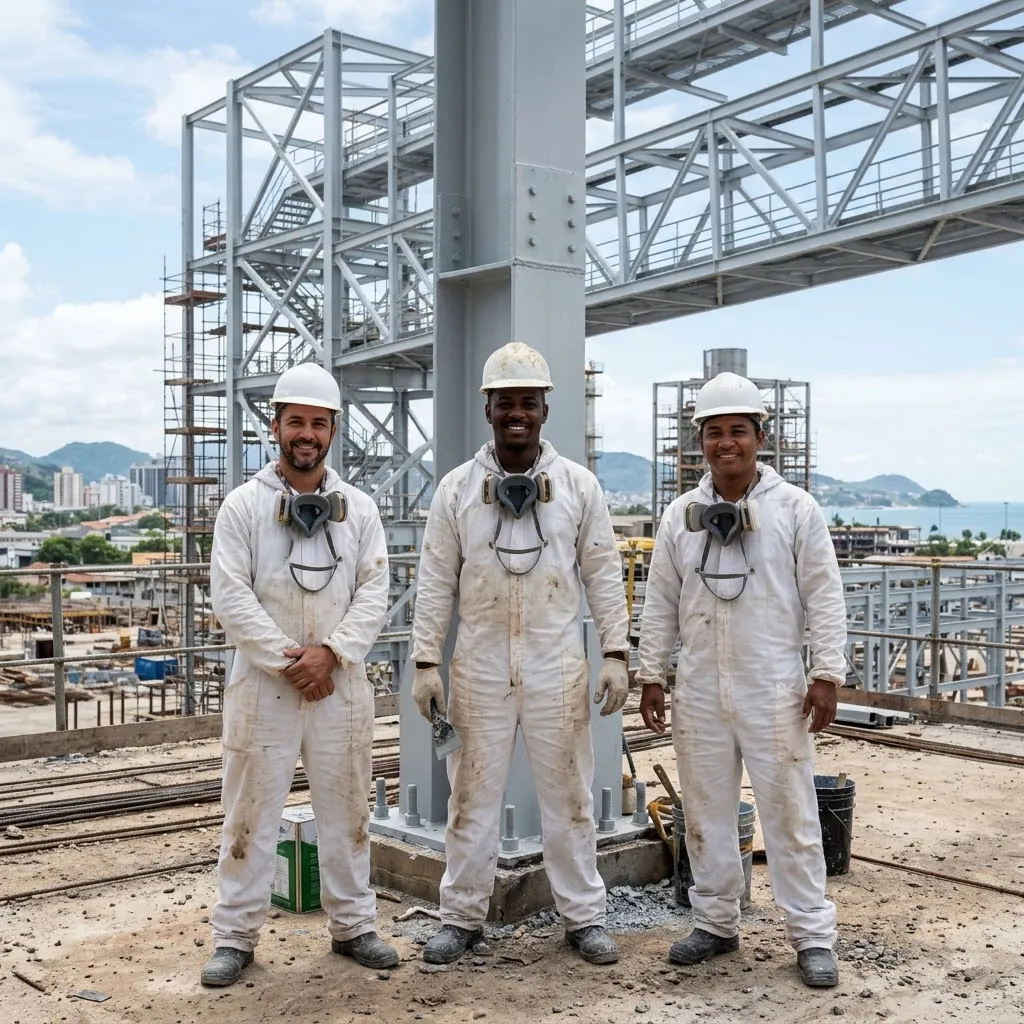 Três pintores industriais de macacão branco, capacete e máscara em frente a estrutura metálica