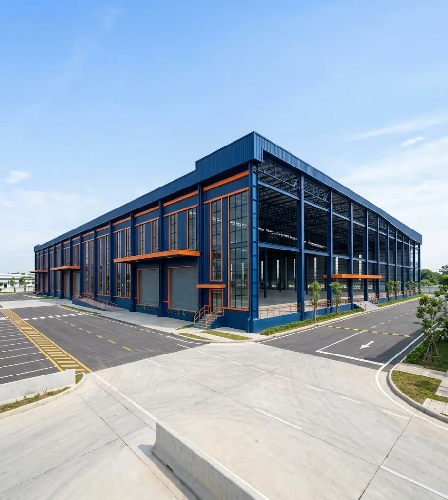Galpão industrial com estrutura metálica pintada de azul e detalhes em laranja
