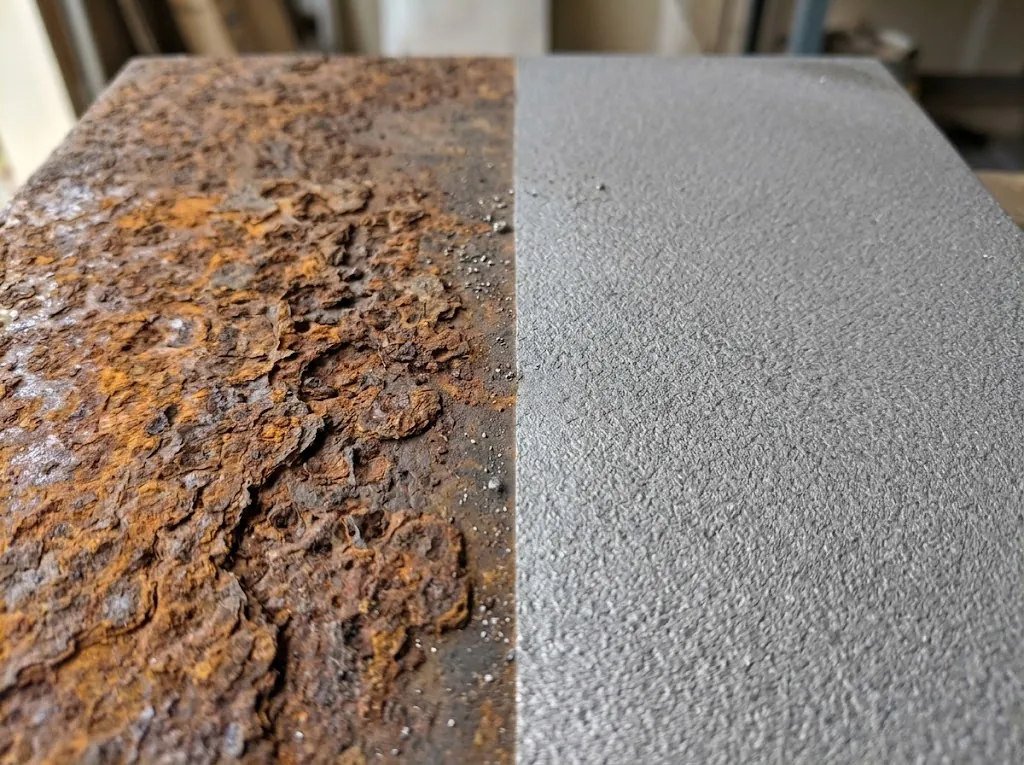 Chapa de aço com metade enferrujada e metade limpa por jateamento abrasivo